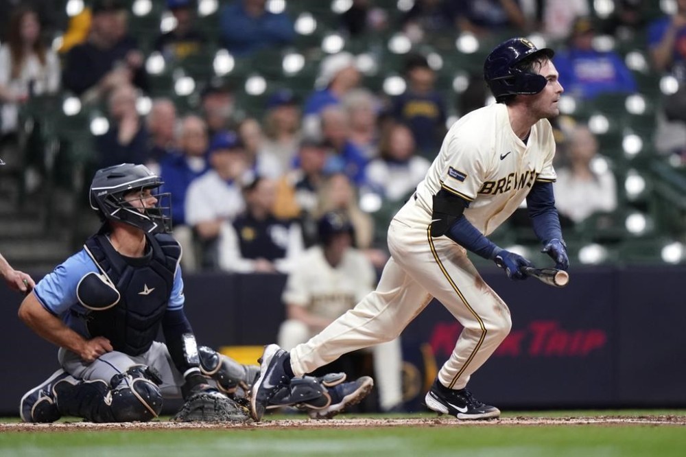 Tyler Black was at the plate in his big league debut with the Milwaukee Brewers as his father, former TSN broadcaster Rod Black, and his mother Nancy Black, were being interviewed in the stands. Black, right, watches after hitting a double for his first major league hit during the third inning of a baseball game against the Tampa Bay Rays, in Milwaukee, Tuesday, April 30, 2024. THE CANADIAN PRESS/AP-Aaron Gash