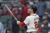 Atlanta Braves' Jarred Kelenic watches his two-run home run in the third inning of a baseball game against the Boston Red Sox Tuesday, May 7, 2024, in Atlanta. (AP Photo/John Bazemore)