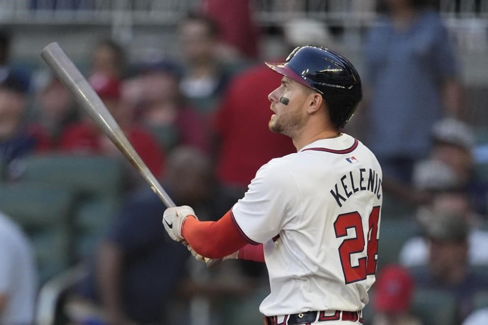 Atlanta Braves' Jarred Kelenic watches his two-run home run in the third inning of a baseball game against the Boston Red Sox Tuesday, May 7, 2024, in Atlanta. (AP Photo/John Bazemore)