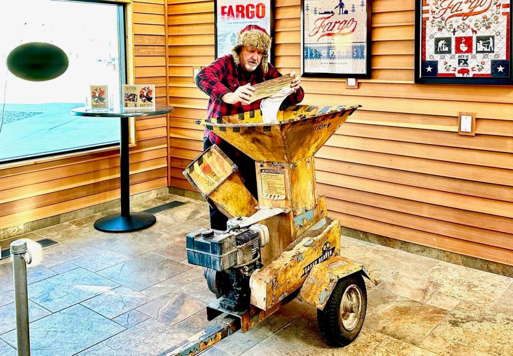 Margaret Mackintosh
Gord at the Eager Beaver woodchipper from Fargo at Fargo’s Visitor Center