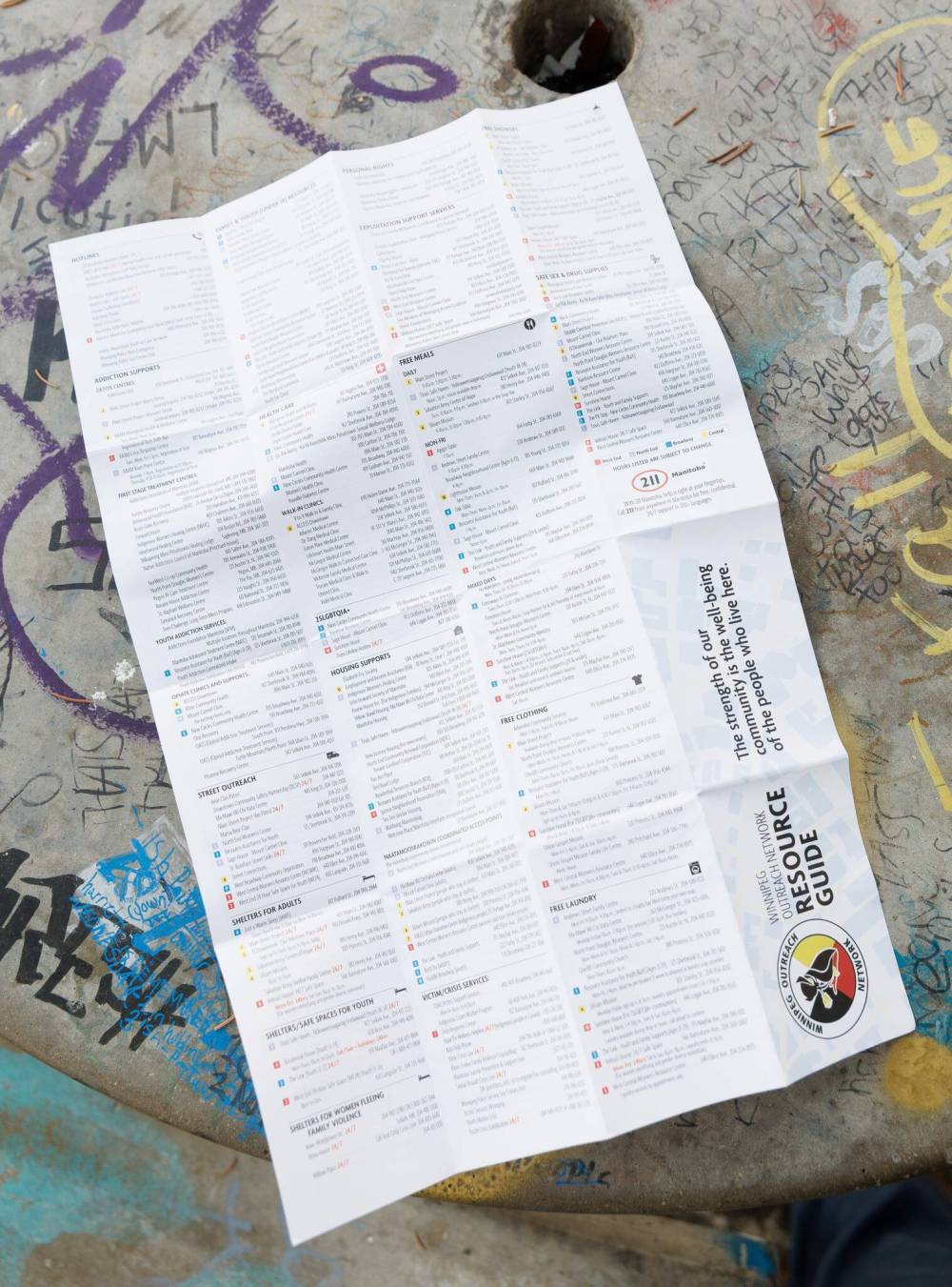 MIKE DEAL / FREE PRESS
The 11x17 street guide includes a map and index listing resources such as addiction supports, shelters, safe spaces, free meals and clothing. The guides have already been distributed to two dozen community agencies and organizations.