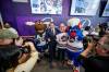 MIKE DEAL / FREE PRESS
Mascots Mick E. Moose (left) and Benny (right) with Premier Wab Kinew and Mayor Scott Gillingham during the announcement at Canada Life Centre Wednesday.