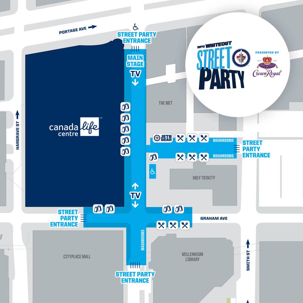 Whiteout parties will be held on Donald Street between Portage and Graham avenues before and during each home playoff game. (Supplied map)