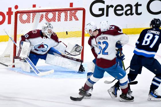 Colorado Avalanche goaltender Alexandar Georgiev allowed seven goals on 23 shots by the Winnipeg Jets in Game 1 of their first round Stanley Cup playoff series, Sunday. (Fred Greenslade / The Canadian Press)