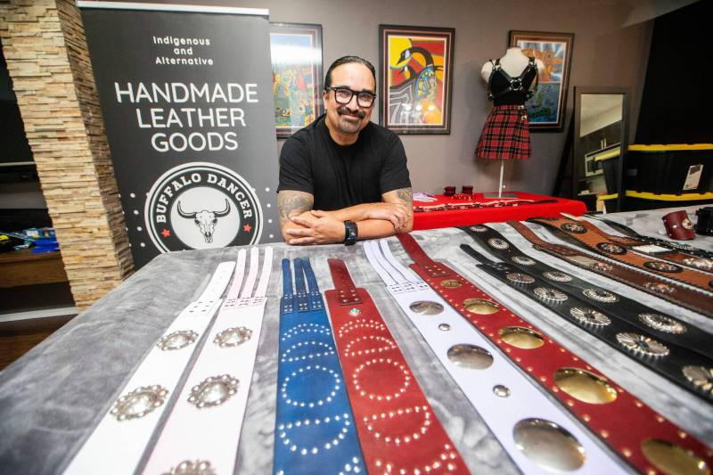 Photos by MIKAELA MACKENZIE / FREE PRESS
Cecil Sveinson of Buffalo Dancer Designs shows off some of his wide range of leather creations, including belts and ceremonial powwow regalia, as well as alternative-fashion accessories.