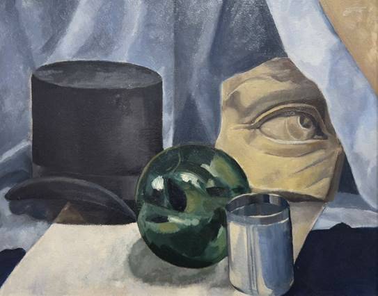 Still Life with Top Hat, Stone Fragment, Glass Bell & Tumbler by Bertram Brooker