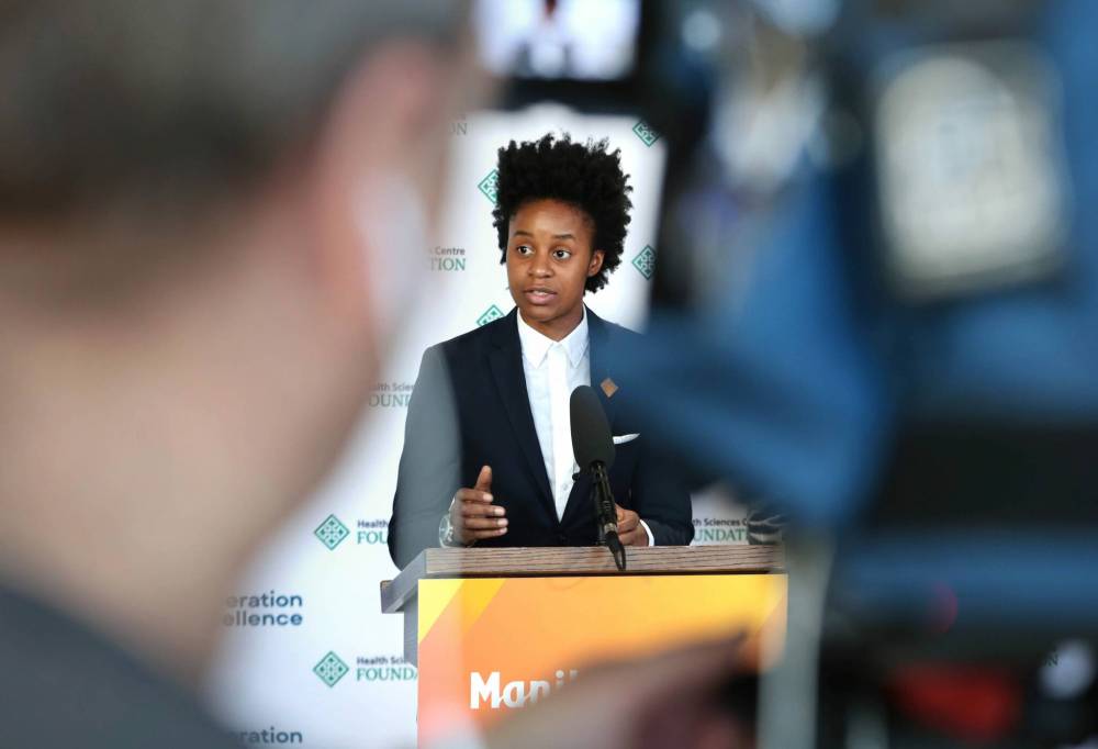 Health Minister Uzoma Asagwara speaks to media during the announcement. (Ruth Bonneville / Free Press)