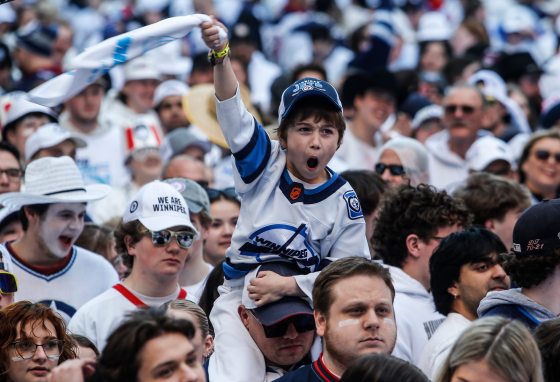 Jets fans react at the Winnipeg Jets Whiteout Party on Sunday. (John Woods / Free Press)