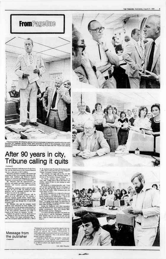The Tribune was another Winnipeg daily, operating from 1890 to 1980. This is a page from its final edition on Aug. 27, 1980 (University of Manitoba Digital Collections)