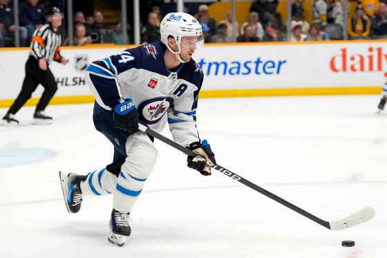Winnipeg Jets' Josh Morrissey (44) plays against the Nashville Predators during the second period of an NHL hockey game Tuesday in Nashville, Tenn. (Mark Humphrey / The Associated Press)