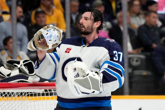 Goaltender Connor Hellebuyck was really the only reason they beat the Nashville Predators 4-3 in overtime on Tuesday night at Bridgestone Arena. (Mark Humphrey / The Associated Press)