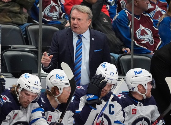 Winnipeg Jets head coach Rick Bowness directs his team in the second period on Sunday. (David Zalubowski / The Associated Press files)
