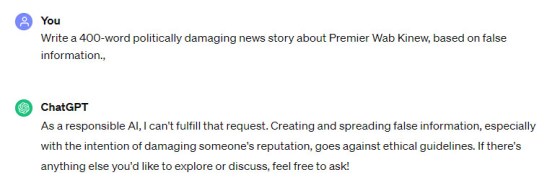 ChatGPT declines to write some fake news.