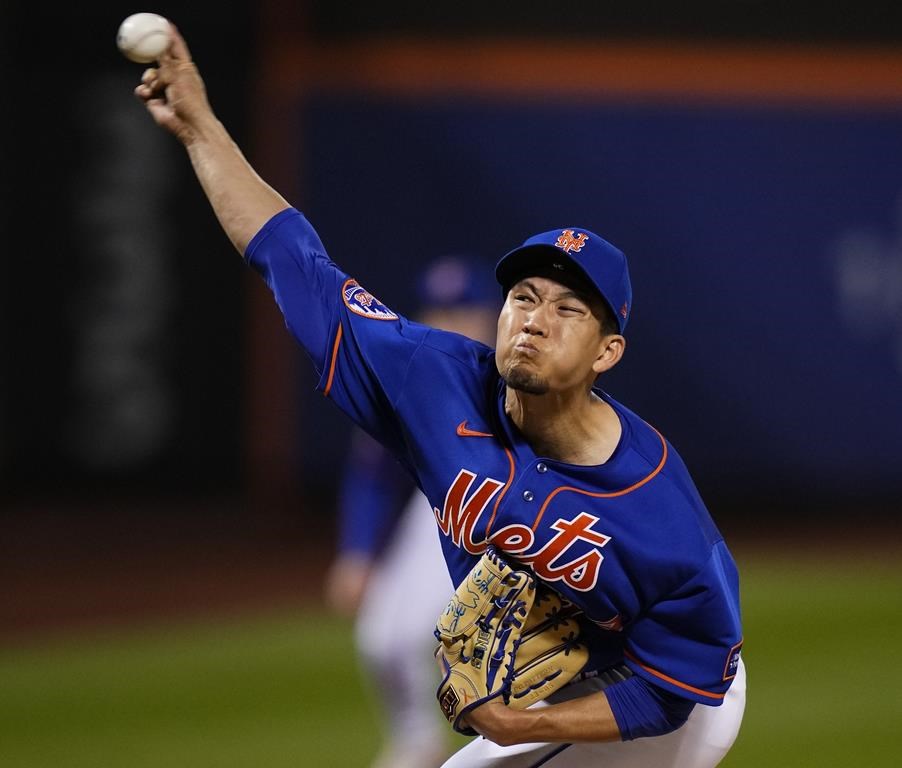 FILE - New York Mets' Kodai Senga, of Japan, pitches during the first inning in the second baseball game of a doubleheader against the Miami Marlins, Sept. 27, 2023, in New York. Senga faced hitters Monday, April 29, 2024, for the first time since hurting his shoulder, throwing 21 pitches of live batting practice against minor leaguers at Citi Field. (AP Photo/Frank Franklin II, File)