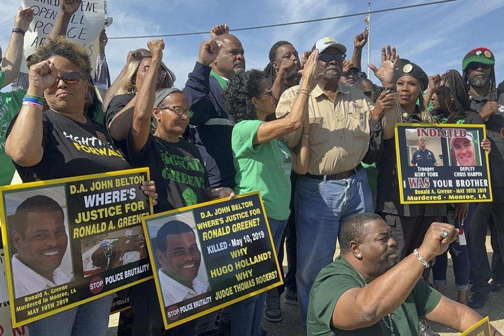 Demonstrators hold a rally for the late Ronald Greene outside the Union Parish Courthouse in Farmerville, La., on Friday, May 10, 2024. Half a decade after Greene’s violent death, the federal investigation remains open and unresolved with no end in sight. Two officers charged in Greene's death are scheduled to be tried here later this year. (AP Photo/Jim Mustian)
