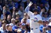 Chicago Cubs' Dansby Swanson celebrates as he rounds the bases after hitting a solo home run during the sixth inning of a baseball game against the Milwaukee Brewers in Chicago, Sunday, May 5, 2024. (AP Photo/Nam Y. Huh)
