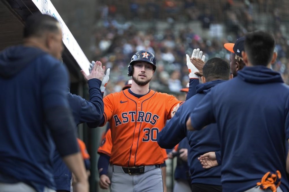 Houston Astros' Kyle Tucker celebrates his home run against the Detroit Tigers in the sixth inning of a baseball game, Friday, May 10, 2024, in Detroit. (AP Photo/Paul Sancya)