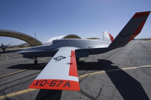 FILE - The XQ-67A Off-Board Sensing Station unmanned aerial vehicle, one prototype of the future AI drone fleet developed under the USAF's Air Force Research Laboratory, is displayed at General Atomics' test facility at Gray Butte in Palmdale, Calif., on Wednesday, May 1, 2024. (AP Photo/Damian Dovarganes, File)