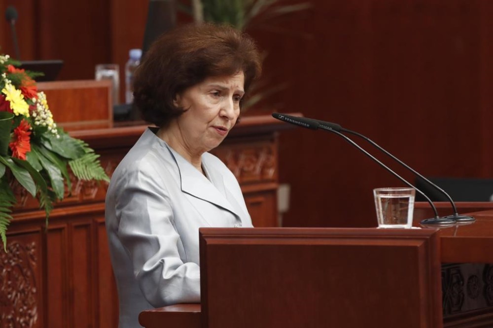 Gordana Siljanovska Davkova, the new President of North Macedonia, speaks during an inauguration ceremony at the parliament building in Skopje, North Macedonia, on Sunday, May 12, 2024. Siljanovska Davkova has sworn as first female president in North Macedonia on Sunday after her triumph in a presidential runoff earlier this week over the leftist incumbent president. (AP Photo/Boris Grdanoski)