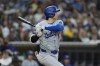 Los Angeles Dodgers' Shohei Ohtani watches his groundout during the seventh inning of a baseball game against the San Diego Padres, Saturday, May 11, 2024, in San Diego. (AP Photo/Gregory Bull)