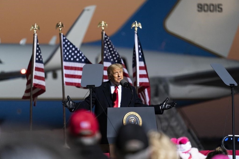 FILE - President Donald Trump speaks at a campaign rally at Rochester International Airport, Oct. 30, 2020, in Rochester, Minn. Former President Donald Trump’s planned campaign visit to Minnesota will mark his return to a traditionally Democratic state he has long argued he could carry. Trump will take a break from his hush money trial in New York to speak at a Minnesota GOP fundraiser Friday. (AP Photo/Alex Brandon, File)