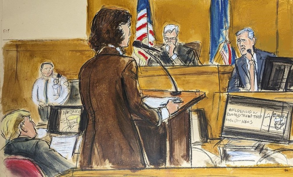 Assistant district attorney Susan Hoffinger, center, questions witness Michael Cohen, far right, as Donald Trump, far left, looks on in Manhattan criminal court, Monday, May 13, 2024, in New York. (Elizabeth Williams via AP)