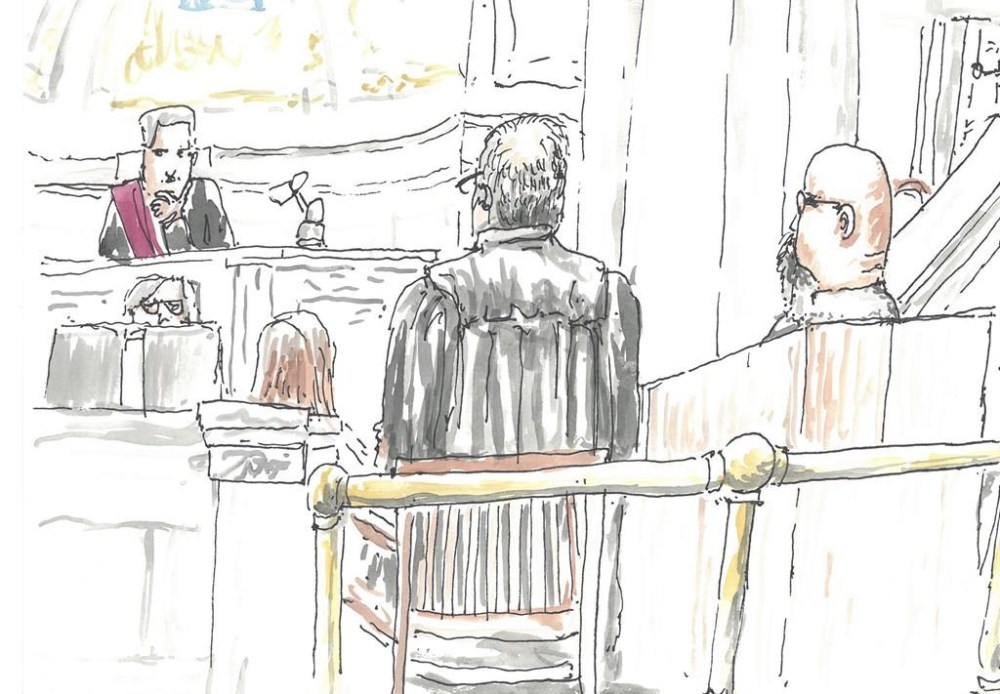 Court of King's Bench Chief Justice Glenn Joyal, left, defence lawyer Leonard Tailleur, centre, and Jeremy Skibicki, right, are shown in this courtroom sketch in Winnipeg on April 29, 2024. THE CANADIAN PRESS/James Culleton POOL