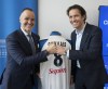 New President and CEO of CF Montreal Gabriel Gervais, right, is introduced by team owner Joey Saputo during a news conference in Montreal on March 29, 2022. THE CANADIAN PRESS/Ryan Remiorz