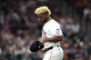Houston Astros starting pitcher Ronel Blanco leaves the field after being ejected following a foreign substance check during the fourth inning of a baseball game against the Oakland Athletics Tuesday, May 14, 2024, in Houston. (AP Photo/David J. Phillip)
