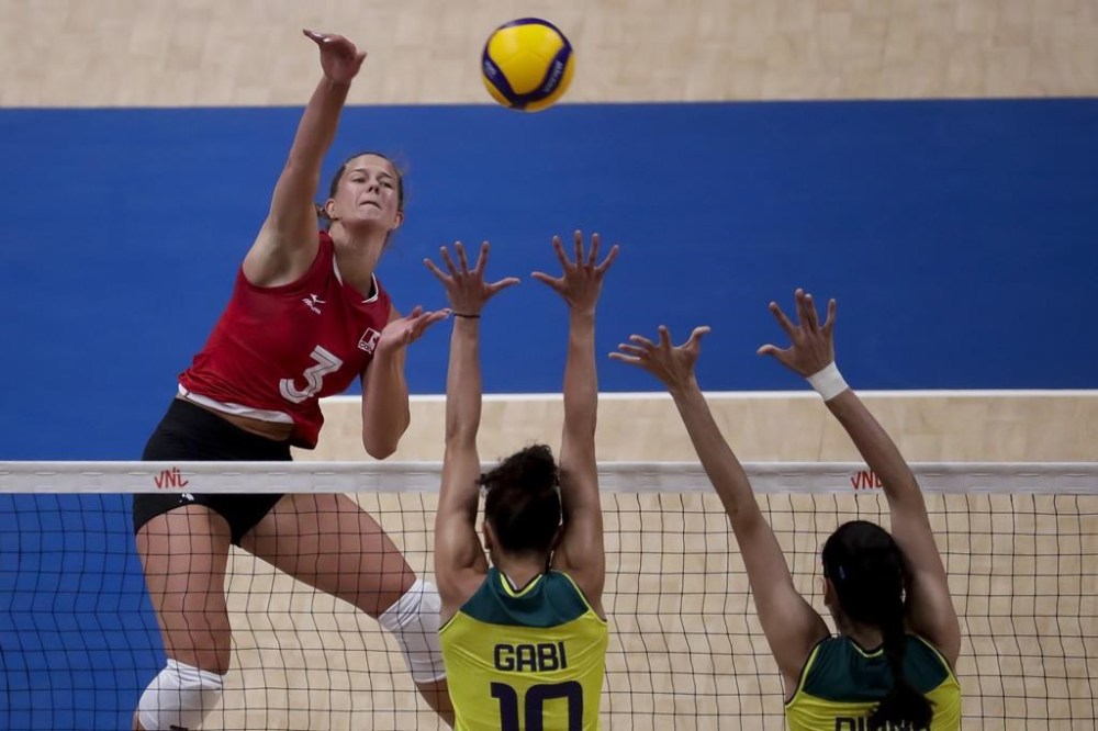 Canada's Kiera Van Ryk spikes the ball during a Volleyball Women's Nations League match against Brazil, at the Maracanazinho stadium in Rio de Janeiro, Brazil, Tuesday, May 14, 2024. THE CANADIAN PRESS/AP-Bruna Prado