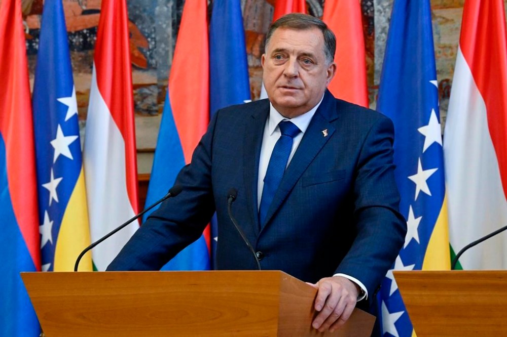 Bosnian Serb leader serving as the 8th President of Republika Srpska, Milorad Dodik speaks during a joint press conference with Hungarian Minister of Foreign Affairs and Trade Peter Szijjarto during their meeting in the latter's office in Budapest, Hungary, Wednesday, May 15, 2024. (Szilard Koszticsak/MTI via AP)
