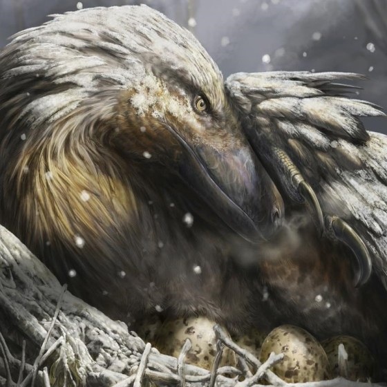 This illustration shows a dromaeosaur incubating its eggs as snow falls. (Davide Bonadonna / University of Vigo / University College London via The Associated Press)