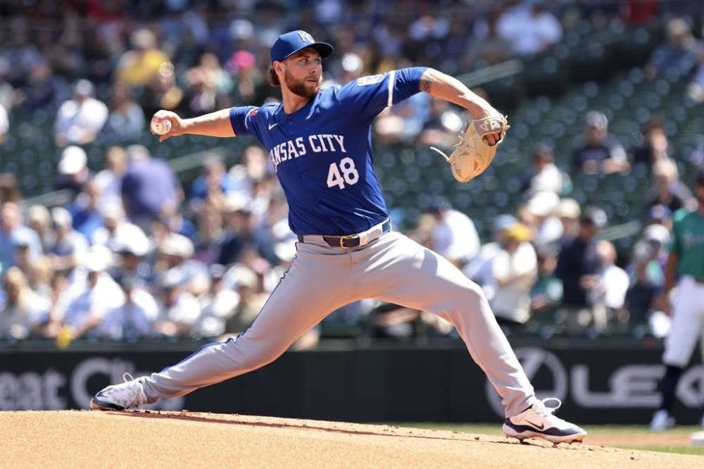 Kansas City Royals starting pitcher Alec Marsh throws during the first inning of a baseball game against the Seattle Mariners, Wednesday, May 15, 2024, in Seattle. (AP Photo/Jason Redmond)