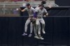 Colorado Rockies left fielder Jordan Beck, left, celebrates with teammates center fielder Brenton Doyle, behind, and right fielder Jake Cave after the Rockies defeated the San Diego Padres 8-0 in a baseball game, Wednesday, May 15, 2024, in San Diego. (AP Photo/Gregory Bull)