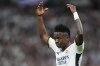 Real Madrid's Vinicius Junior reacts after missing a scoring chance during the Champions League semifinal second leg soccer match between Real Madrid and Bayern Munich at the Santiago Bernabeu stadium in Madrid, Spain, Wednesday, May 8, 2024. (AP Photo/Manu Fernandez)