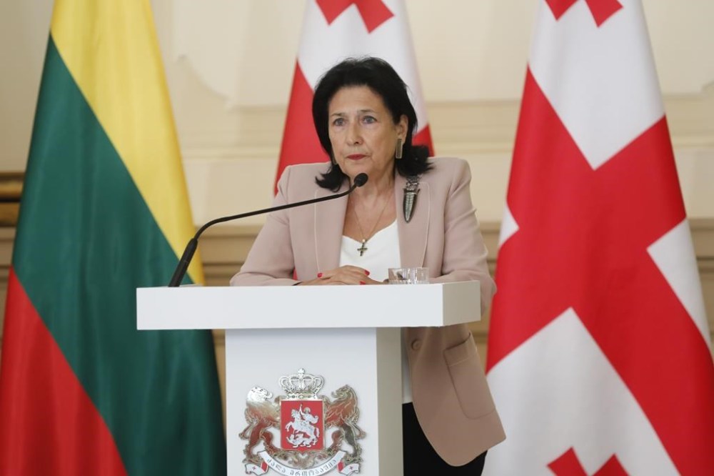 In this photo released by Georgian Presidential Press Service, Georgian President Salome Zurabishvili, speaks at a joint news conference with foreign ministers of Baltic and Nordic states during their trip to Georgia in Tbilisi, Georgia, Wednesday, May 15, 2024. (Georgian Presidential Press Service via AP)