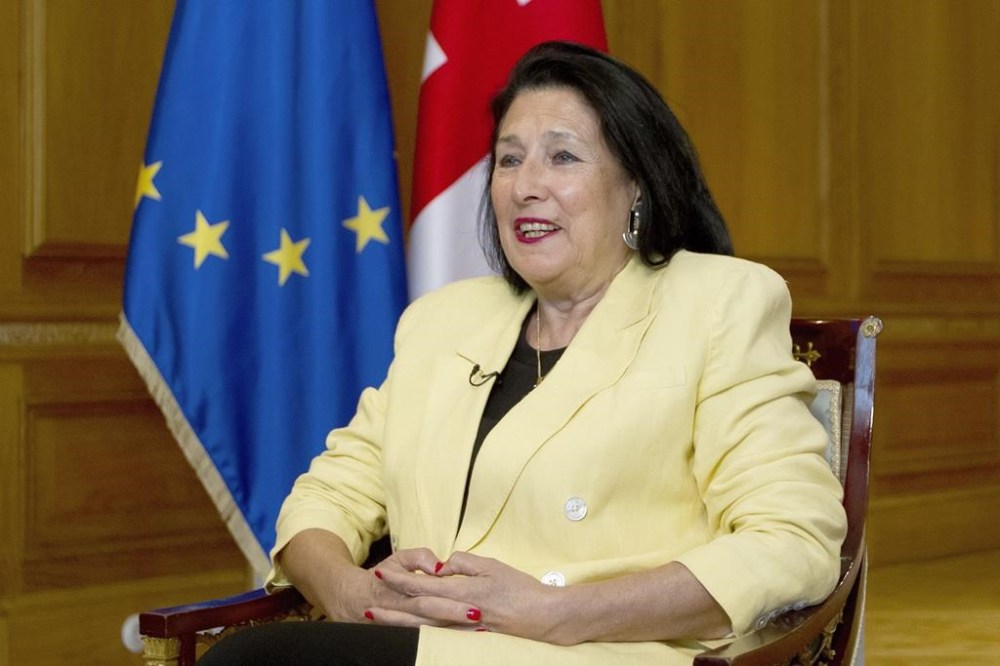 Georgian President Salome Zourabichvili smiles while speaking during an interview with The Associated Press, in Tbilisi, Georgia, Thursday, May 16, 2024. Zourabichvili said Thursday that a