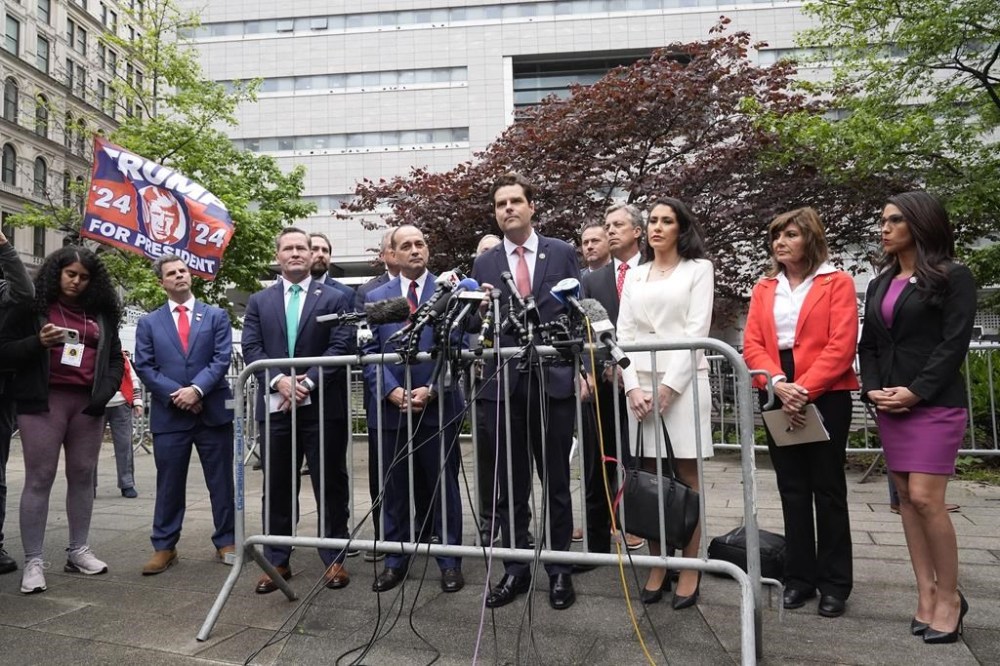 Rep. Matt Gaetz, R-Fla speaks during a news conference near Manhattan Criminal Court Thursday, May 16, 2024, in New York. (AP Photo/Frank Franklin II)
