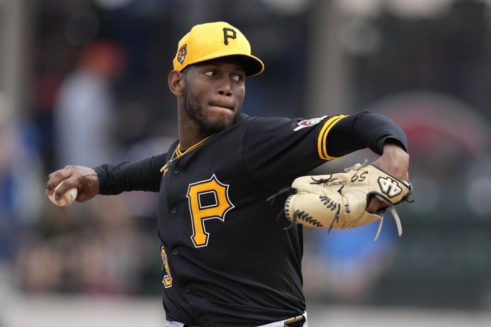 FILE - Pittsburgh Pirates pitcher Roansy Contreras throws during the second inning of the team's spring training baseball game against the Detroit Tigers on March 2, 2024, in Lakeland, Fla. The Los Angeles Angels acquired Contreras from the Pirates for cash Thursday, May 16. The Pirates designated the 24-year-old Contreras for assignment Saturday to create room on the roster for Paul Skenes ahead of the prized pitcher's major league debut against the Chicago Cubs. (AP Photo/Charlie Neibergall, File)