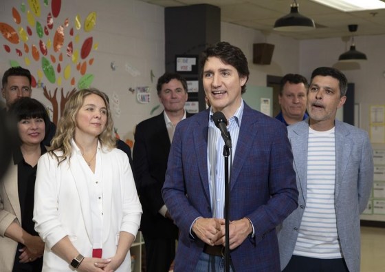Prime Minister Justin Trudeau speaks at Marguerite-Bourgeoys School in Caraquet, N.B., Thursday. (Ron Ward / The Canadian Press)
