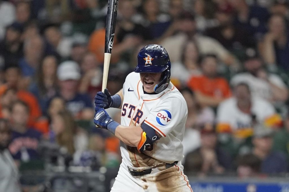 Houston Astros' Jake Meyers after being hit by a pitch thrown by Oakland Athletics pitcher Hogan Harris during the fifth inning of a baseball game Thursday, May 16, 2024, in Houston. (AP Photo/David J. Phillip)