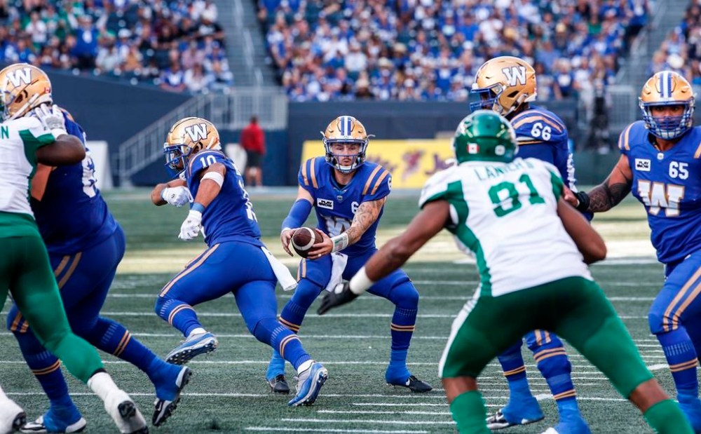 All eyes will be on Dru Brown to provide much-needed stability at quarterback this season for the Ottawa Redblacks. Brown (6), then with the Winnipeg Blue Bombers, fakes the handoff to Nic Demski (10) during second half CFL football action against the Saskatchewan Roughriders in Winnipeg, Saturday, Sept. 9, 2023. THE CANADIAN PRESS/John Woods