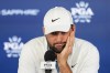 Scottie Scheffler speaks during a news conference at after the second round of the PGA Championship golf tournament at the Valhalla Golf Club, Friday, May 17, 2024, in Louisville, Ky. (AP Photo/Matt York)
