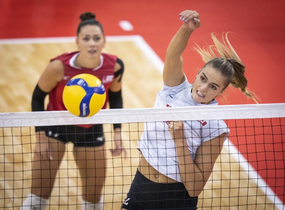 Canada's Kiera Van Ryk spikes the ball in her team's bronze medal victory over Cuba in the the 2023 NORCECA Senior Womenճ Volleyball Continental Championship, in Quebec City in a Sunday, Sept. 3, 2023, handout photo. THE CANADIAN PRESS/HO-Norceca, Mathieu Belanger, *MANDATORY CREDIT*