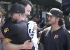 Pittsburgh Pirates' Bailey Falter (26) and Jared Jones, right, congratulate starting pitcher Paul Skenes for pitching six innings of no-hit ball during the seventh inning of a baseball game against the Chicago Cubs, Friday, May 17, 2024, in Chicago. Skenes issued only one walk on 11 strikeouts. (AP Photo/Charles Rex Arbogast)