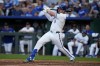 Kansas City Royals' Vinnie Pasquantino watches his RBI single during the fifth inning of a baseball game against the Oakland Athletics Saturday, May 18, 2024, in Kansas City, Mo.(AP Photo/Charlie Riedel)