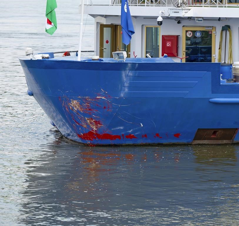 A view of the damage of the bow of a river cruise ship after an incident, in Komarom, Hungary, Sunday, May 19, 2024. Police say two people have died and five are missing following a boat collision on the Danube River in Hungary. Hungarian police received a report late Saturday night that a man had been found with a head injury on the shore of the Danube near the town of Veroce, around 30 miles (50 kilometers) north of the capital, Budapest. (Csaba Krizsan/MTI via AP)