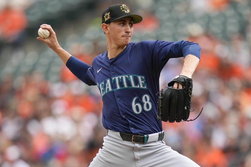 Seattle Mariners starting pitcher George Kirby throws to the Baltimore Orioles during the first inning of a baseball game at Oriole Park at Camden Yards, Sunday, May 19, 2024, in Baltimore. (AP Photo/Jess Rapfogel)