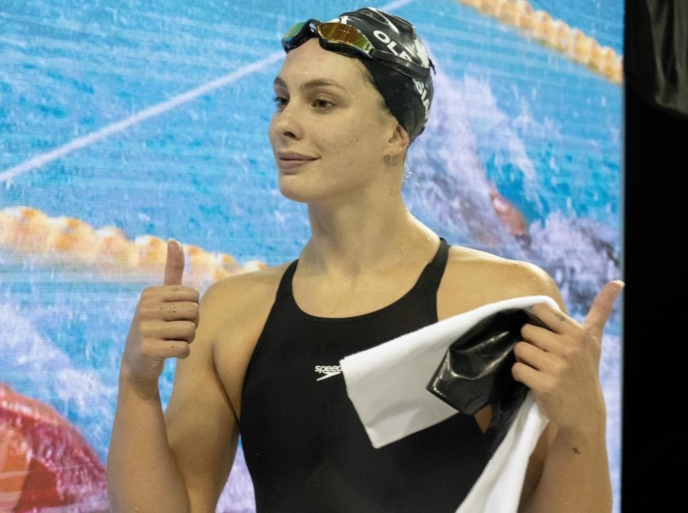 Penny Oleksiak celebrates after winning the women's 50m freestyle at the Canadian Olympic Swim Trials in Toronto on Sunday May 19, 2024. THE CANADIAN PRESS/Frank Gunn