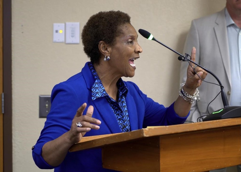 In this image taken from video, Verna Perry berates members of the Martin County Board of Commissioners during a hearing in Williamston, N.C., on Wednesday, April 10, 2024.